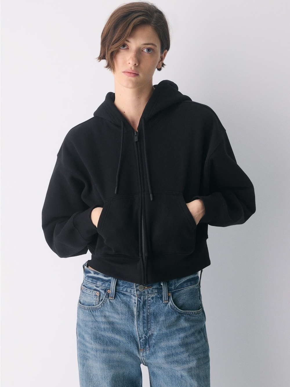 Aritzia Cozy Sweatfleece Boyfriend Boxy Zip Hoodie black relaxed fit size xl NWT
